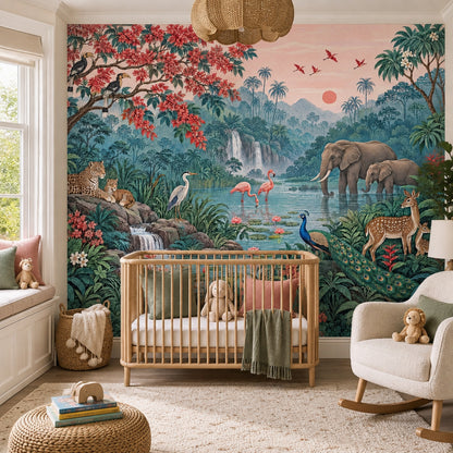Tropical Jungle Wildlife Wallpaper Pink Sky Waterfall Wall Mural