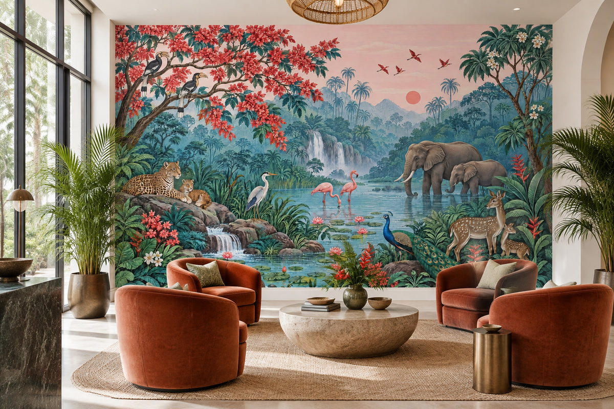 Tropical Jungle Wildlife Wallpaper Pink Sky Waterfall Wall Mural