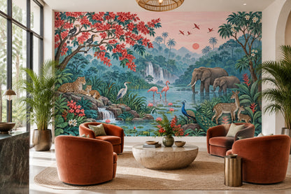 Tropical Jungle Wildlife Wallpaper Pink Sky Waterfall Wall Mural