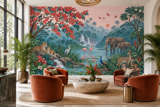 Tropical Jungle Wildlife Wallpaper Pink Sky Waterfall Wall Mural