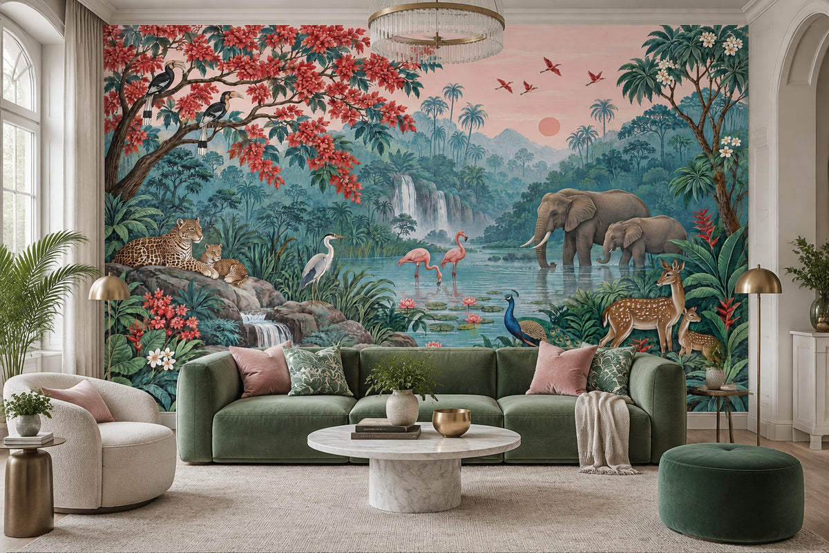 Tropical Jungle Wildlife Wallpaper Pink Sky Waterfall Wall Mural