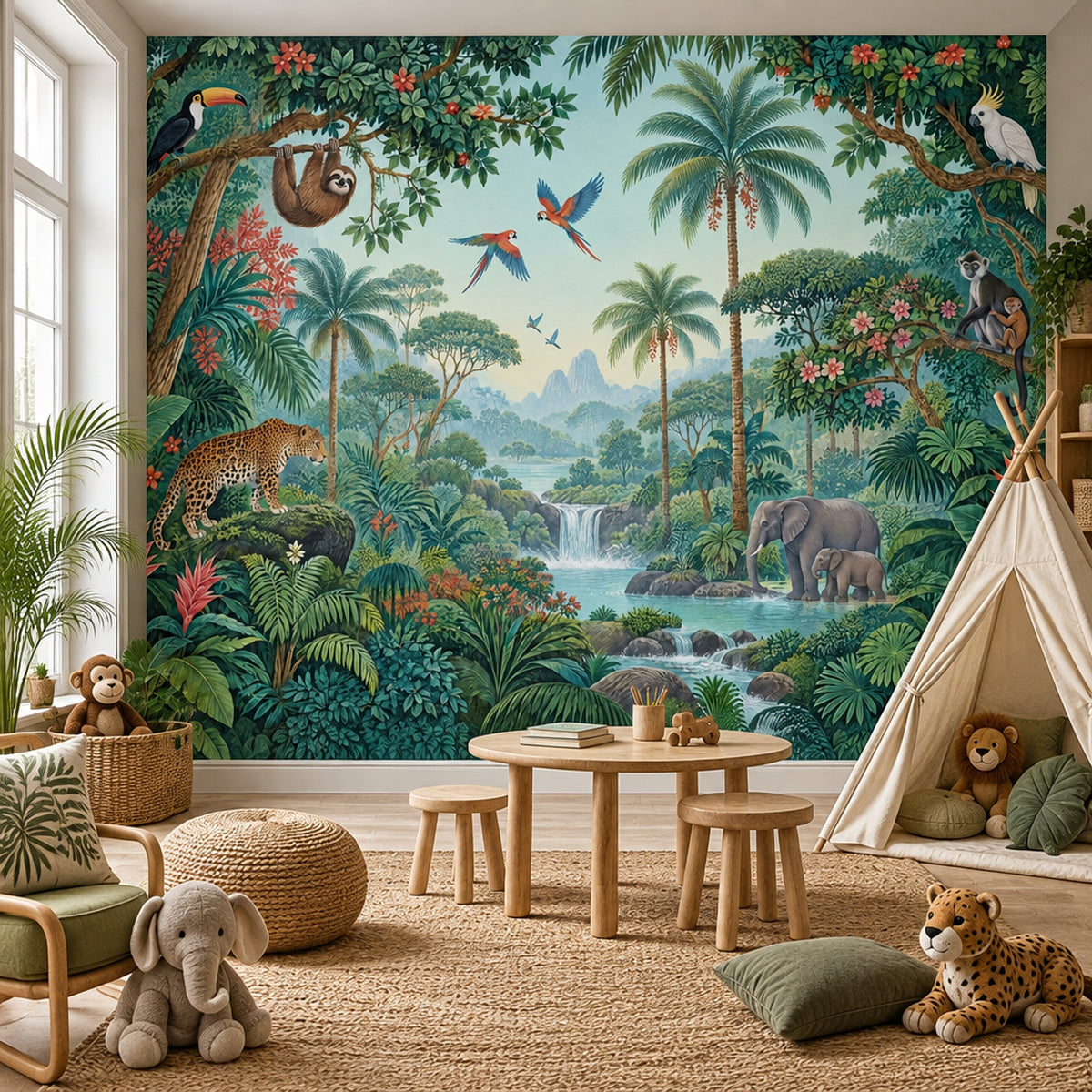 Tropical Jungle Wildlife Wallpaper Waterfall Landscape Wall Mural