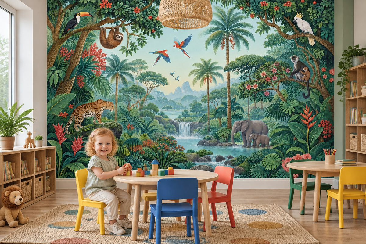 Tropical Jungle Wildlife Wallpaper Waterfall Landscape Wall Mural