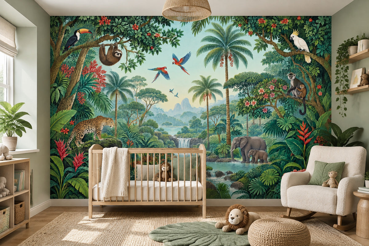 Tropical Jungle Wildlife Wallpaper Waterfall Landscape Wall Mural