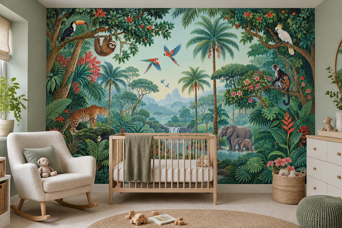 Tropical Jungle Wildlife Wallpaper Waterfall Landscape Wall Mural
