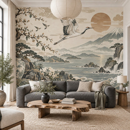 Crane And Cherry Blossoms Wallpaper Japanese Landscape Wall Mural