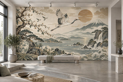 Crane And Cherry Blossoms Wallpaper Japanese Landscape Wall Mural