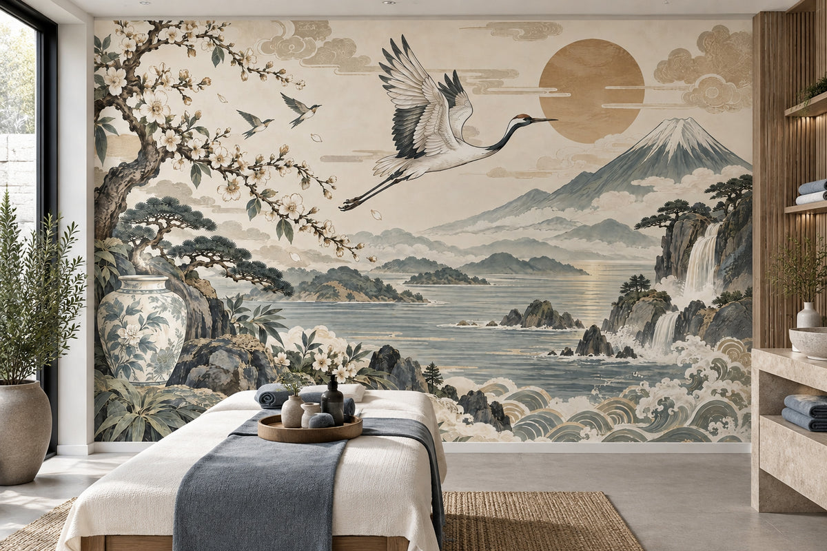 Crane And Cherry Blossoms Wallpaper Japanese Landscape Wall Mural