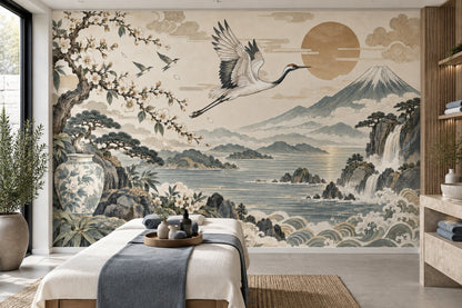 Crane And Cherry Blossoms Wallpaper Japanese Landscape Wall Mural