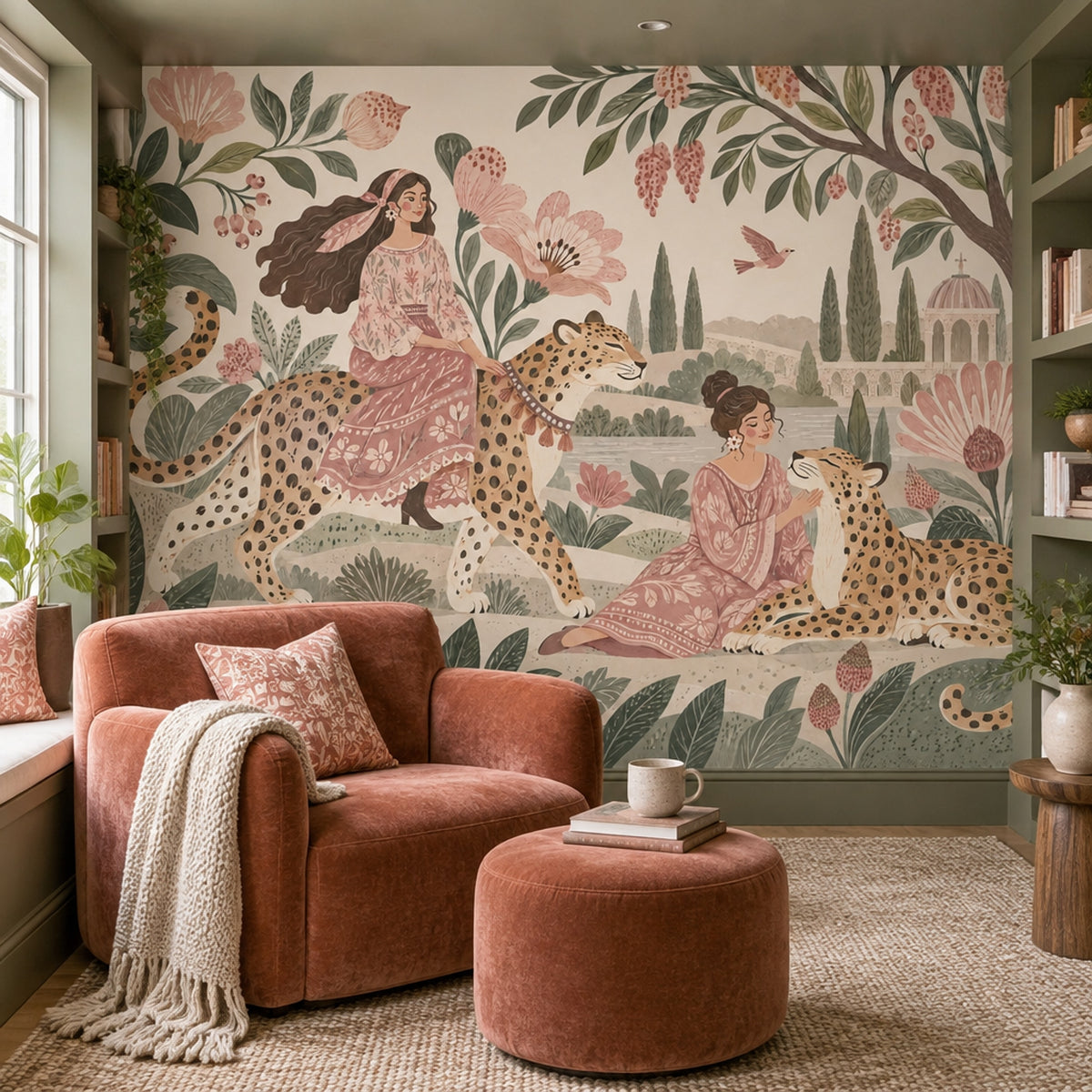 Cheetah Garden Women Wallpaper Soft Vintage Wall Mural