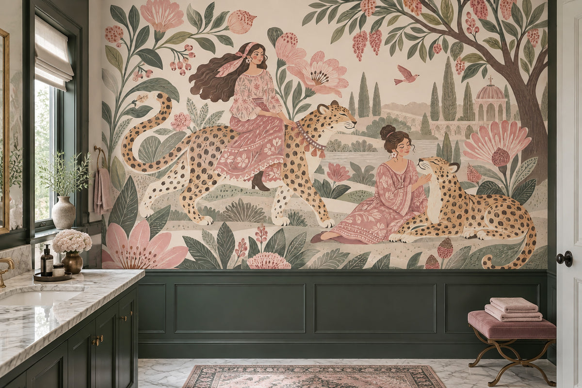 Cheetah Garden Women Wallpaper Soft Vintage Wall Mural