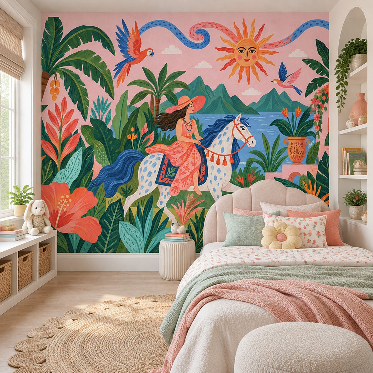 Woman On Horse Tropical Landscape Wallpaper Pink Sky Wall Mural