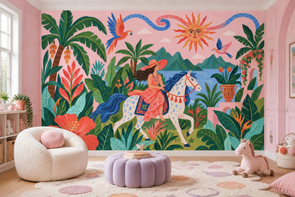 Woman On Horse Tropical Landscape Wallpaper Pink Sky Wall Mural