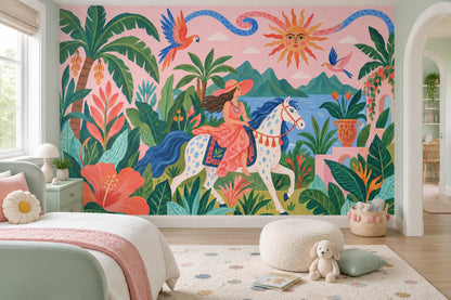 Woman On Horse Tropical Landscape Wallpaper Pink Sky Wall Mural