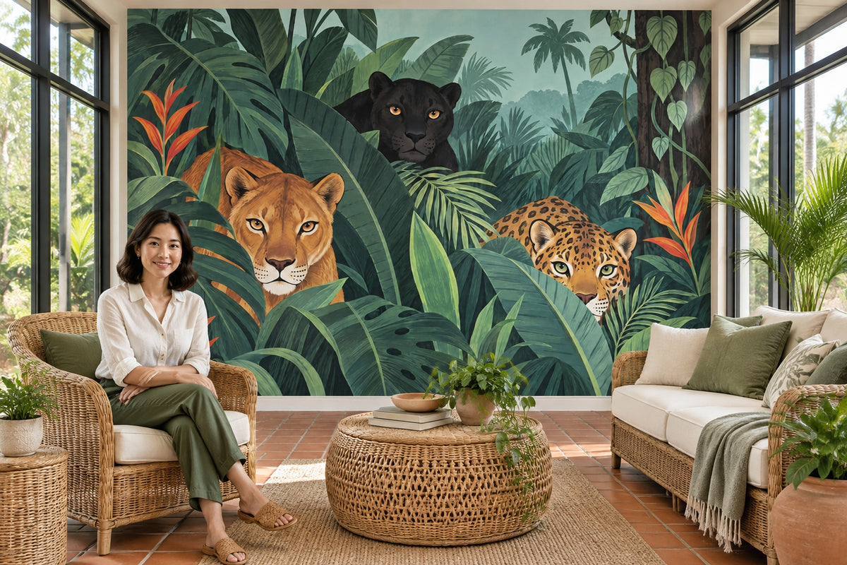 Big Cats Jungle Wallpaper Tropical Foliage Wall Mural
