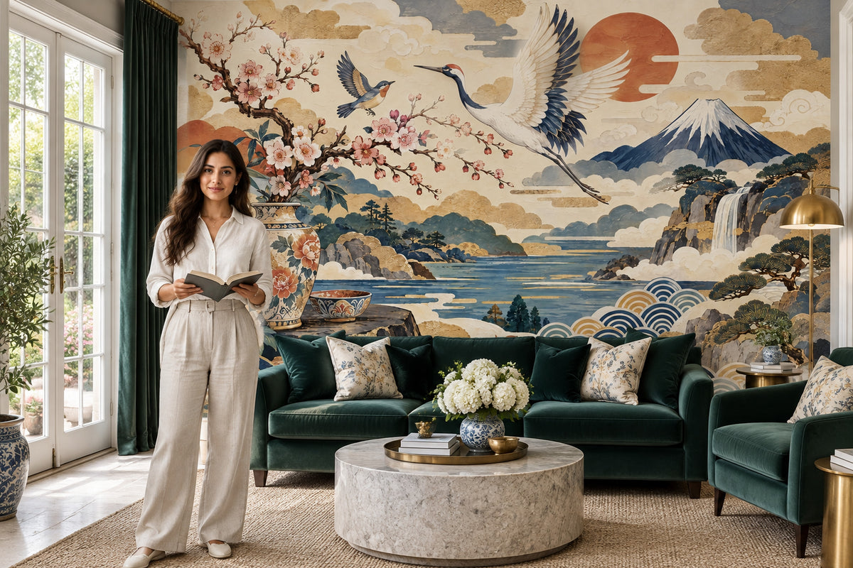 Crane And Mount Fuji Wallpaper Japanese Landscape Wall Mural