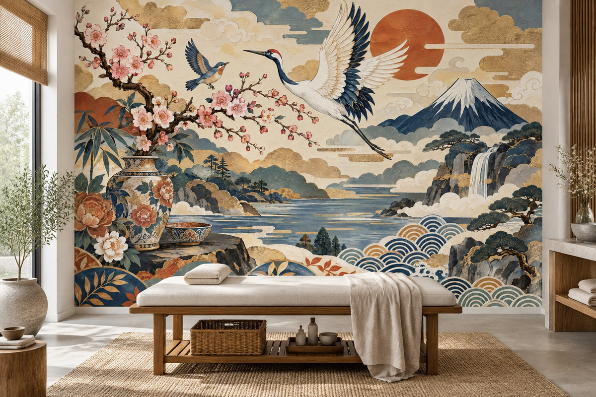 Crane And Mount Fuji Wallpaper Japanese Landscape Wall Mural