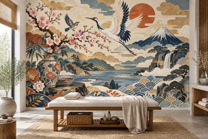 Crane And Mount Fuji Wallpaper Japanese Landscape Wall Mural