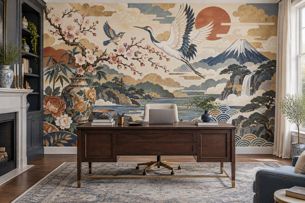 Crane And Mount Fuji Wallpaper Japanese Landscape Wall Mural