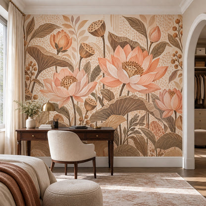 Watercolor Lotus Wallpaper Earth Tone Botanical Wall Mural