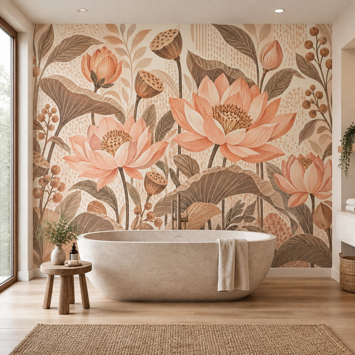 Watercolor Lotus Wallpaper Earth Tone Botanical Wall Mural