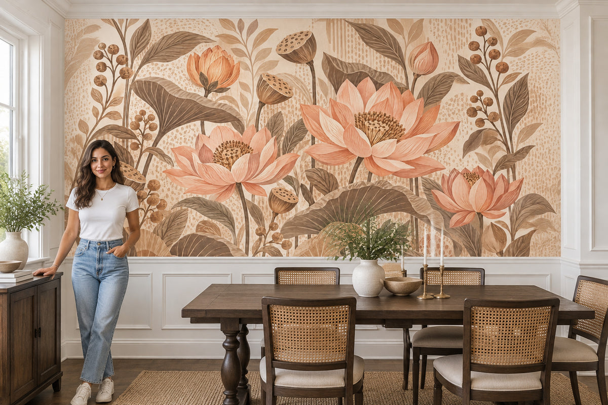 Watercolor Lotus Wallpaper Earth Tone Botanical Wall Mural