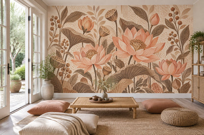 Watercolor Lotus Wallpaper Earth Tone Botanical Wall Mural