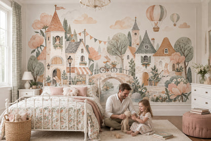 Storybook Village Rabbits Wallpaper Watercolor French Country Wall Mural