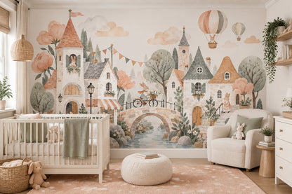 Storybook Village Rabbits Wallpaper Watercolor French Country Wall Mural