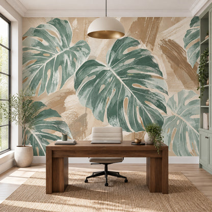Monstera Leaves Wallpaper Textured Tropical Wall Mural