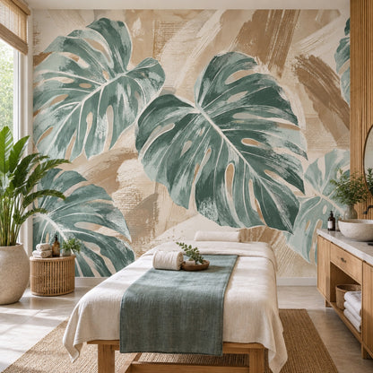 Monstera Leaves Wallpaper Textured Tropical Wall Mural