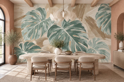 Monstera Leaves Wallpaper Textured Tropical Wall Mural
