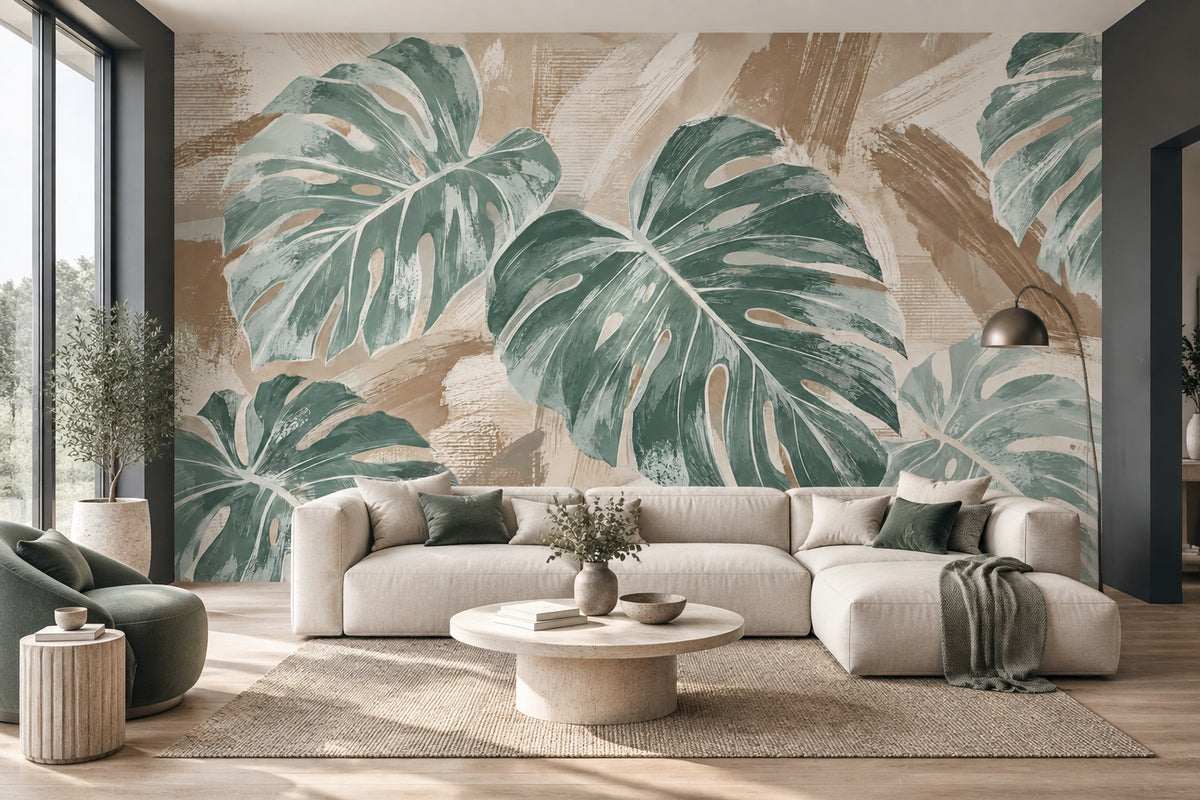 Monstera Leaves Wallpaper Textured Tropical Wall Mural