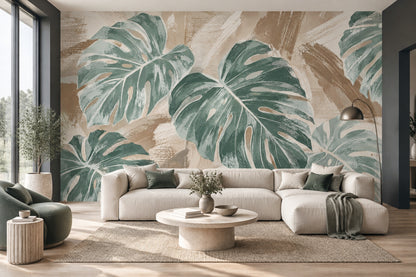 Monstera Leaves Wallpaper Textured Tropical Wall Mural