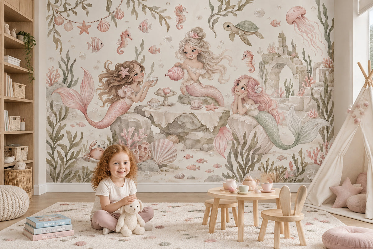 Mermaid Underwater Tea Party Wallpaper Watercolor Coastal Wall Mural