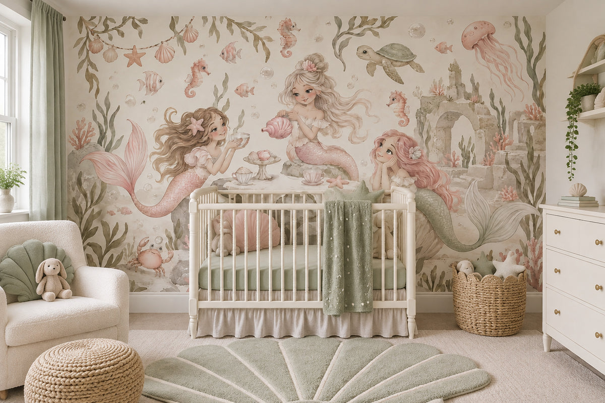Mermaid Underwater Tea Party Wallpaper Watercolor Coastal Wall Mural