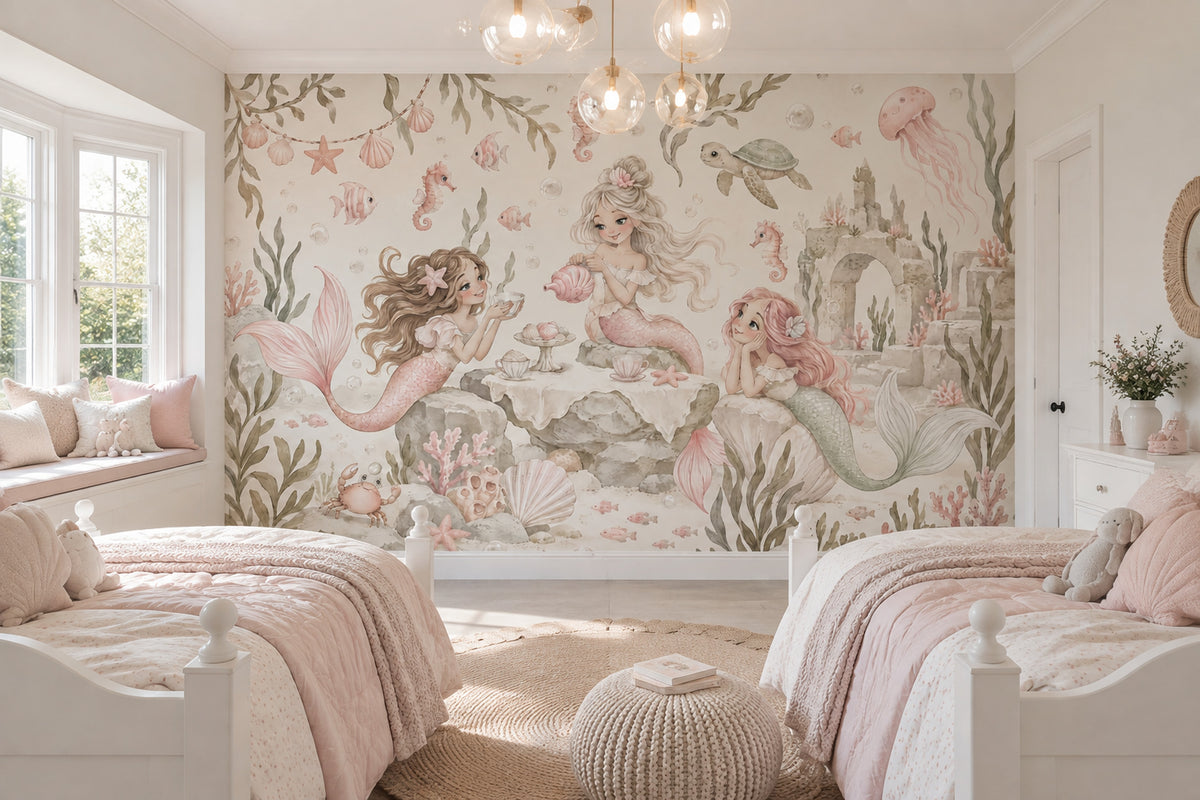 Mermaid Underwater Tea Party Wallpaper Watercolor Coastal Wall Mural