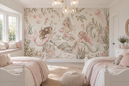 Mermaid Underwater Tea Party Wallpaper Watercolor Coastal Wall Mural
