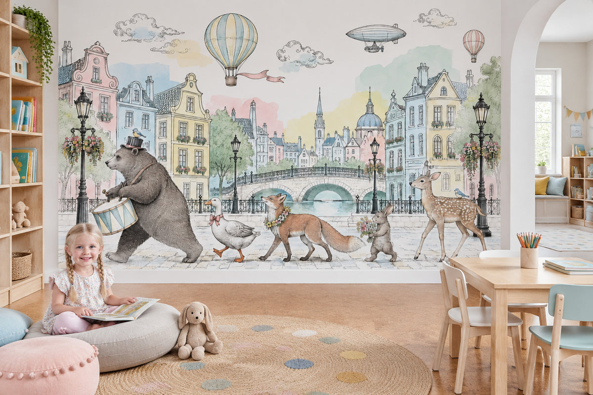 European Canal Cityscape Wallpaper Storybook Animals Wall Mural
