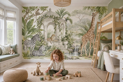 Safari Garden Pavilion Wallpaper Watercolor Landscape Wall Mural