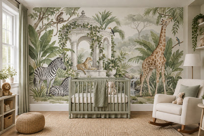Safari Garden Pavilion Wallpaper Watercolor Landscape Wall Mural
