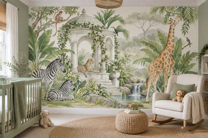 Safari Garden Pavilion Wallpaper Watercolor Landscape Wall Mural