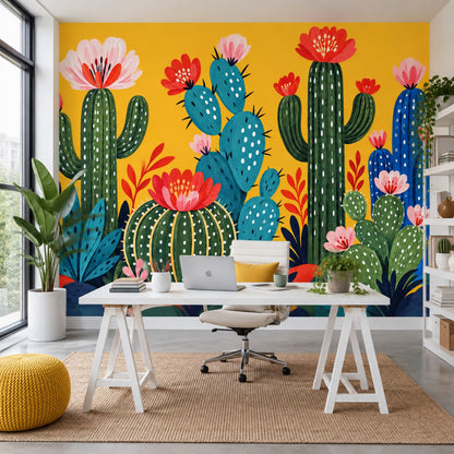 Blooming Cactus Wallpaper Bright Yellow Wall Mural