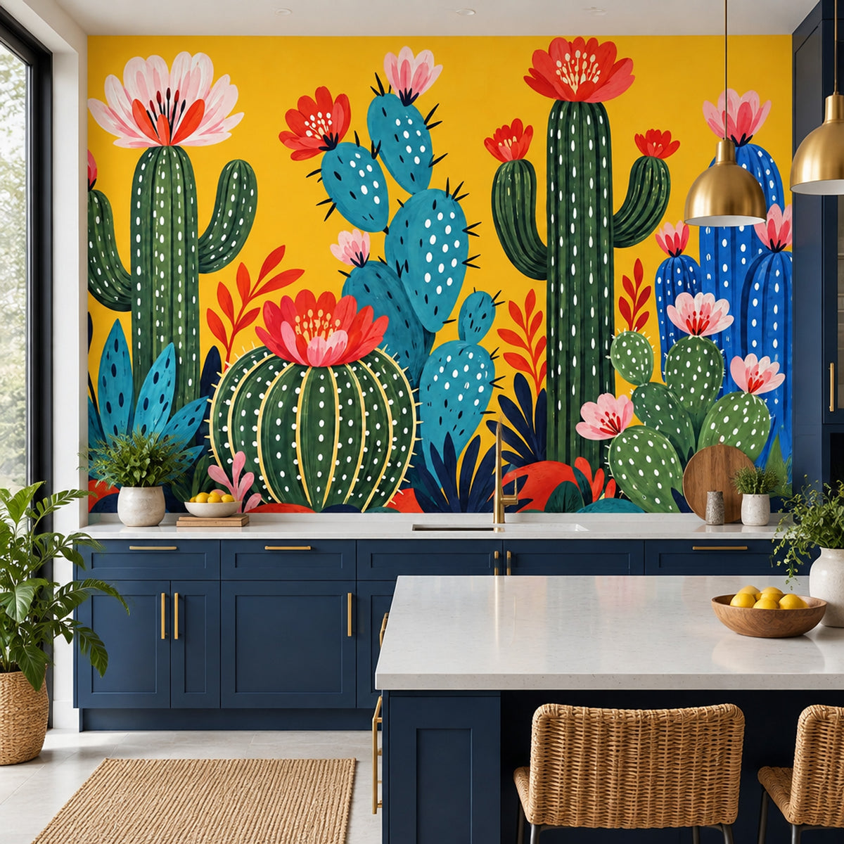 Blooming Cactus Wallpaper Bright Yellow Wall Mural