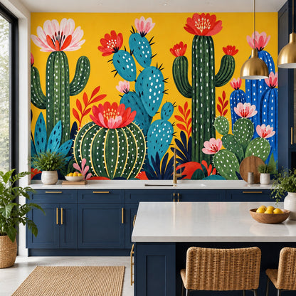 Blooming Cactus Wallpaper Bright Yellow Wall Mural