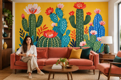 Blooming Cactus Wallpaper Bright Yellow Wall Mural