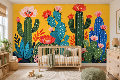 Blooming Cactus Wallpaper Bright Yellow Wall Mural
