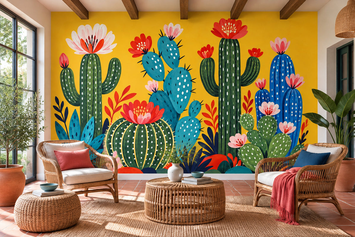 Blooming Cactus Wallpaper Bright Yellow Wall Mural