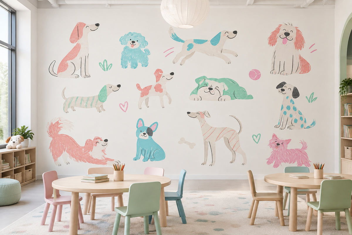 Playful Puppies Wallpaper Pastel Illustrated Wall Mural
