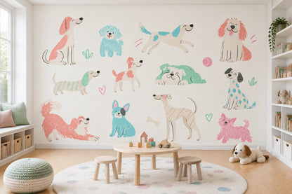 Playful Puppies Wallpaper Pastel Illustrated Wall Mural
